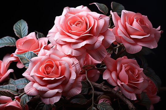  a bunch of pink roses with green leaves on a black background with a black background with a black background and a black background with a bunch of pink roses with green leaves.