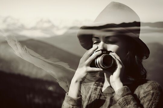 Style Vintage Made Background Landscape Mountain Beautiful Exposure, Double Camera Woman Portrait White Black