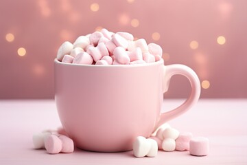 Fototapeta na wymiar a pink cup filled with marshmallows sitting on top of a table next to a pile of pink and white marshmallows on a pink background.