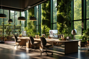 A green office with plants and natural light, emphasizing the importance of biophilic design for employee well-being and productivity. Concept of eco-friendly workplaces. Generative Ai.