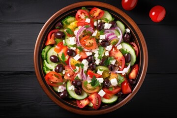 Greek salad with feta cheese and olive oil on plate. Greek healthy food