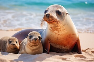 Sea Lion Family in sand lying on beach