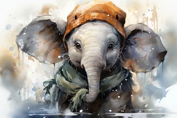 Poster  a painting of an elephant with a hat and scarf on it's head, wearing a scarf and a scarf around its neck, standing in front of a body of water. © Nadia