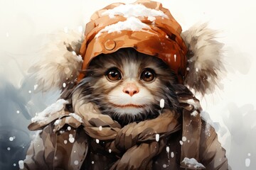  a painting of a cat wearing a winter coat and a hat with a fur pom - pom on top of it's head, in the snow.