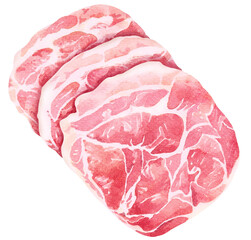 Sliced Wagyu beef.Painted with watercolor.Sliced pork.Food ingredients
