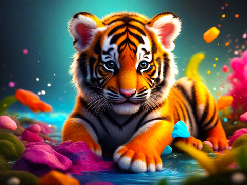 A cute baby tiger with a color splash. Generative AI