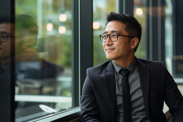The portrait of an Asian mature businessman in a tidy suit with glasses smiles and stands confidently in the hallway of a modern company. Generative AI.