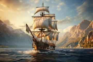Fototapeten An 18th-century sailing ship navigating the high seas, emphasizing maritime exploration and trade. Generative Ai. © Sebastian