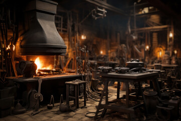 A rustic blacksmith forging tools and ironwork, representing essential crafts and trades of the 18th century. Generative Ai.