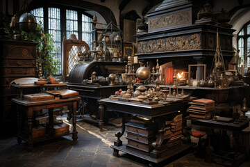 A print shop with an 18th-century printing press in operation, underscoring the importance of...