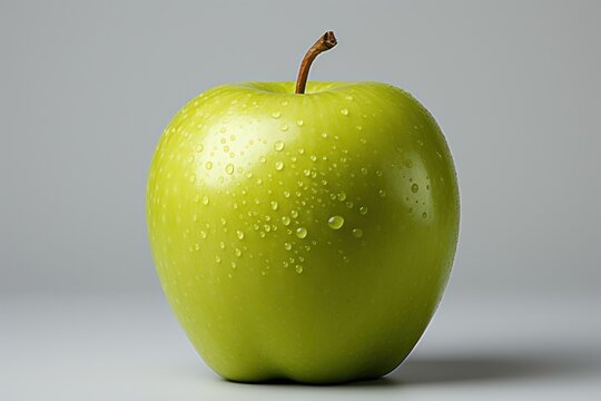  a close up of a green apple with drops of water on the top of it and on the bottom of the apple is a green apple with a brown stem.