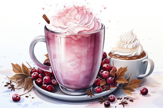 a painting of a cup of hot chocolate and a cup of coffee with whipped cream and cherries on a saucer with leaves and cinnamons on a white background.
