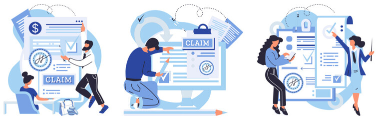 Claim application vector illustration. Carefully read agreement before signing The claim form serves as record your request Choose right option on application form Completing form requires attention