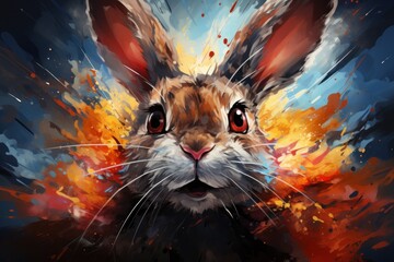  a digital painting of a rabbit's face with fire coming out of it's eyes and the rabbit's head is in the center of the image.