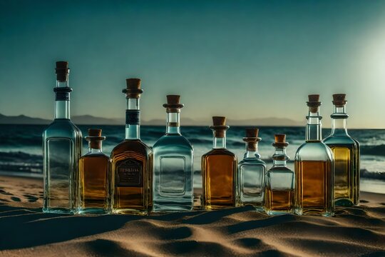 tequila bottle collection on a beach