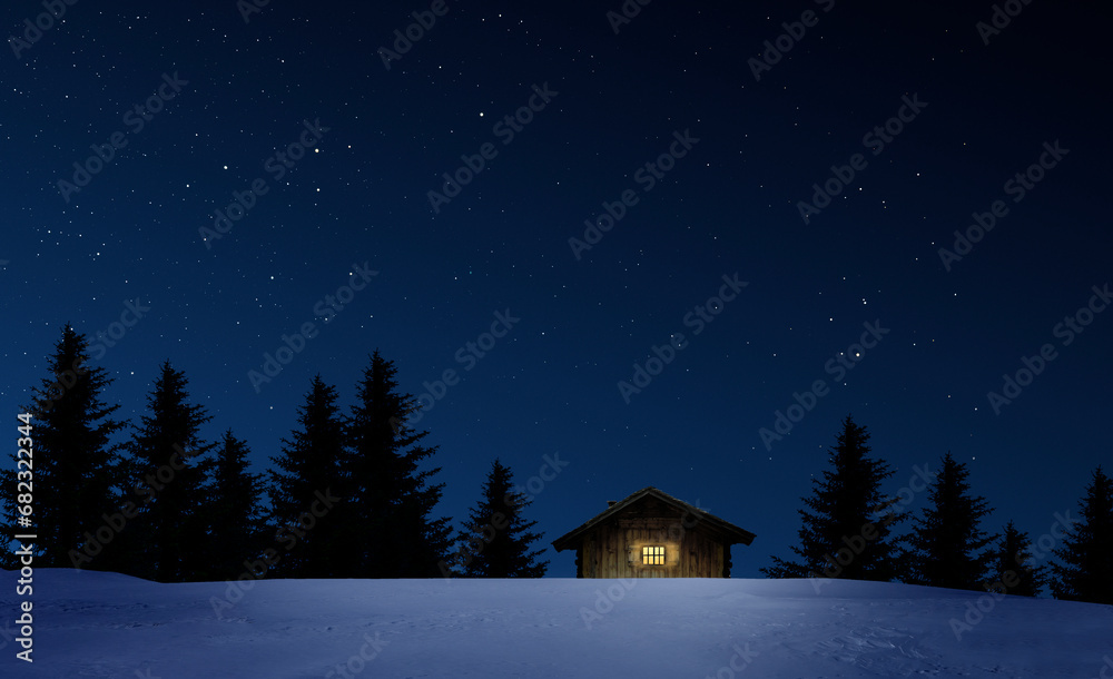 Poster Schneebedeckte Winterhütte in sternenklarer Nacht