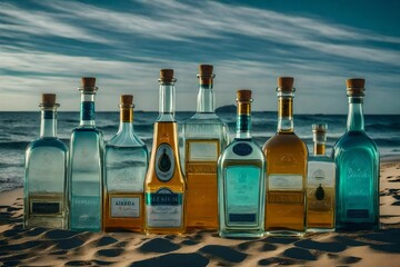tequila bottle collection on a beach