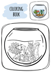 Children's coloring book. Aquarium with fish, algae, shells and marine life