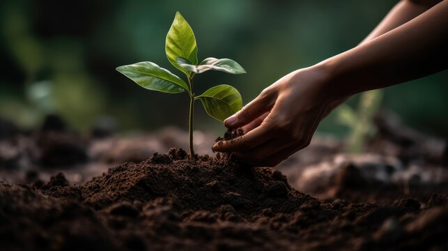 Human hands planting tree on fertile soil with blurred nature background, Ecology concept