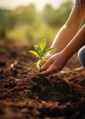 Close up of young woman hands planting tree on fertile soil in garden