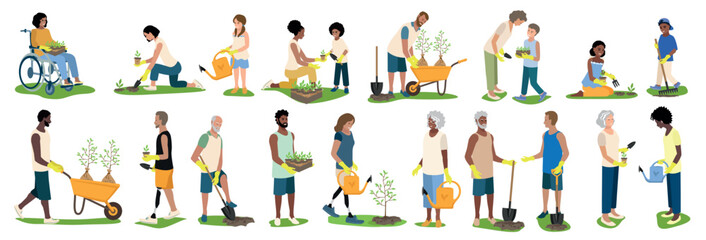 People of different ages and nationalities work in the garden. They plant seedlings, dig the ground, water the plants. Take care of the environment. Set of vector illustration on white background. - obrazy, fototapety, plakaty