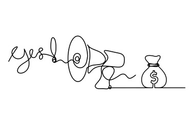 Abstract megaphone and dollar as continuous lines drawing on white background. Vector