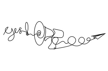 Abstract megaphone and paper plane as continuous lines drawing on white background. Vector