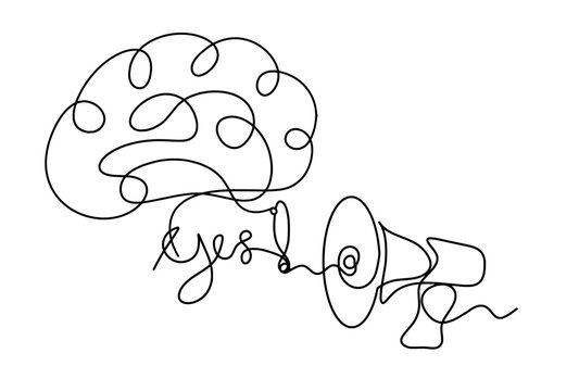 Abstract megaphone and brain as continuous lines drawing on white background. Vector