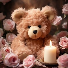   a teddy bear holding a heart with candles in the background,Teddy Day, Propose day, Valentines day
