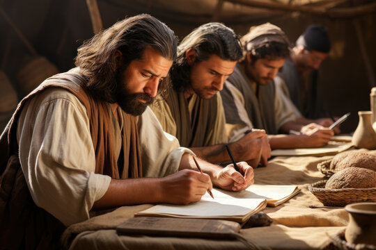Mesopotamian scribes recording legal documents on clay tablets, illustrating the importance of written records. Generative Ai.