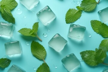 Top view photo of mint leaves ice cubes and water drops on isolated pastel blue background. Generative AI