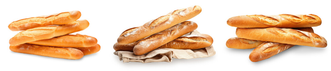 set collection of baguette bread group stack isolated on white or transparent background png - obrazy, fototapety, plakaty