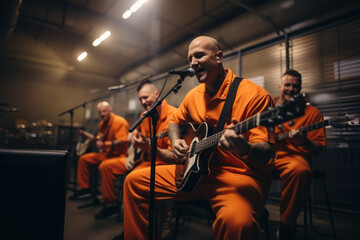 Fototapeta na wymiar Inmate musicians rehearsing in a prison band, creating melodies within the prison walls. Concept of music therapy in rehabilitation. Generative Ai.