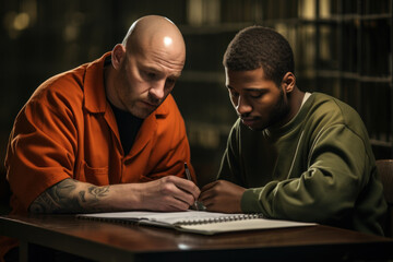 A prisoner teaching a fellow inmate to read and write, promoting peer education within the correctional facility. Concept of peer tutoring. Generative Ai.