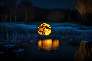 The moon's reflection dances upon the bioluminescent pond