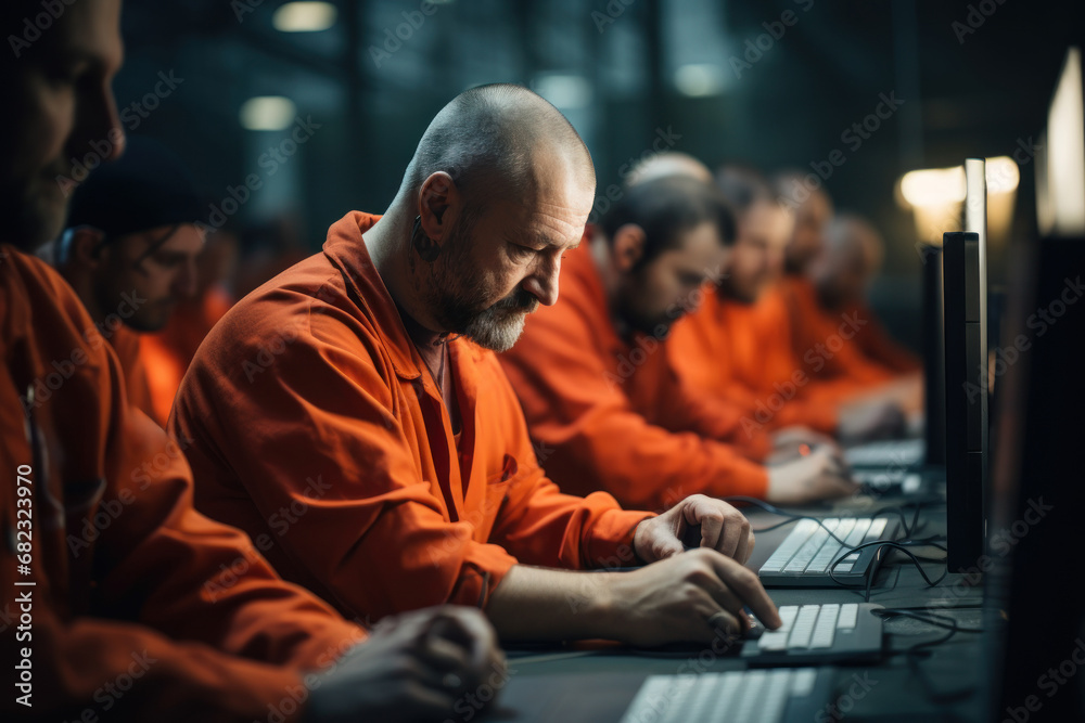 Sticker inmates learning computer programming skills, preparing for future job opportunities upon release. c