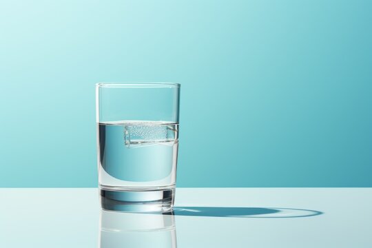  a glass of water sitting on a table with a blue wall behind it and a shadow of a glass in the middle of the glass, with a small amount of water in the foreground.