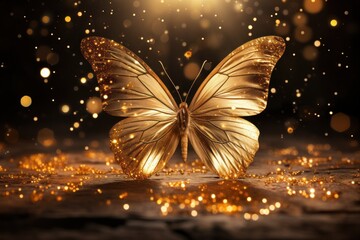  a close up of a butterfly on a surface with gold flecks and boke of light shining on the ground and in the background is a black background. - obrazy, fototapety, plakaty
