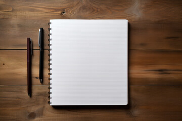 A blank notebook and pen on a rustic wooden desk, waiting for creative ideas to fill its pages. Concept of starting a new journal. Generative Ai. - obrazy, fototapety, plakaty