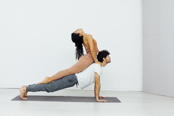 Exercises, meditation, asana, lotus pose, man and woman doing yoga