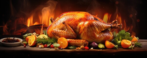 Roasted turkey christmas dinner traditional dish for thanksgiving, panorama. Generative Ai.