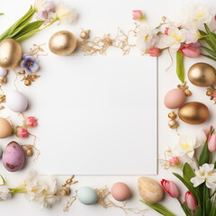 Plain White Backgorund With Easter Eggs Border With Flowers