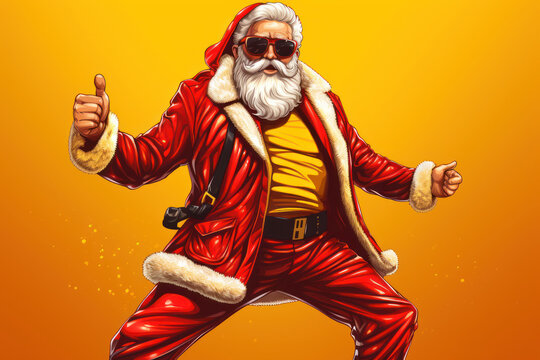  a painting of a man in a red suit with a santa clause on his chest and sunglasses on his head, giving a thumbs up while standing on a yellow background.
