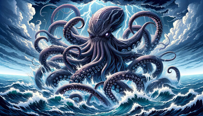 Anime-style illustration of the Kraken, depicted as a colossal sea monster in a stormy sea setting. 