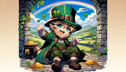 Anime-style illustration of a Leprechaun, set in an Irish countryside scene.