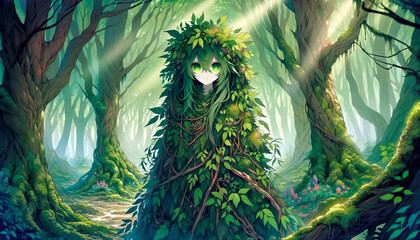Anime-style illustration of the Leshy, the Slavic forest spirit, in a 16:9 ratio - obrazy, fototapety, plakaty