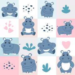 Seamless pattern with cute hippos. Pattern for children's products. Vector illustration isolated on square background.