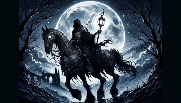 Anime-style illustration of the Dullahan, the headless rider from Irish folklore, in a 16:9 ratio.
