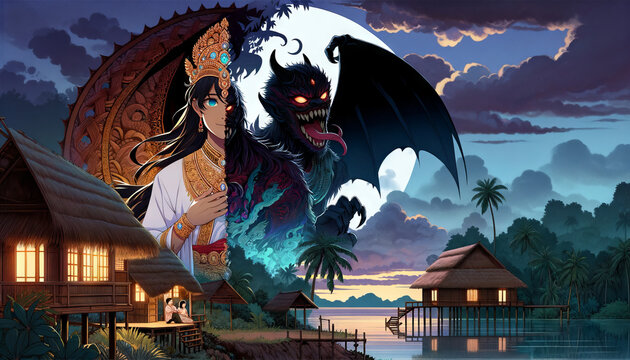 The anime-style illustration of the Aswang, the Philippine shapeshifter, in a 16:9 ratio.