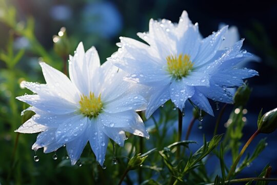  three white flowers with water droplets on them in a field of green grass with blue flowers in the foreground and a blue sky in the background with white flowers in the foreground.